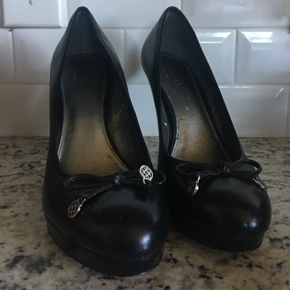 Coach Black Leather Almond Toe Platform Pumps